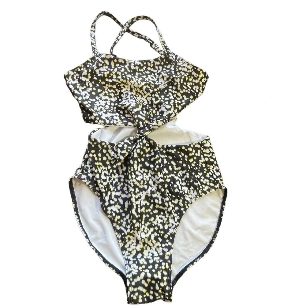Melrose and Market Tie Front One-Piece Swimsuit Black White Animal Spot Size M